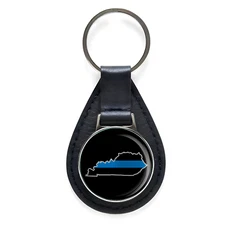 Thin Blue Line Kentucky State Black Leather Keychain Silver Keyring Military