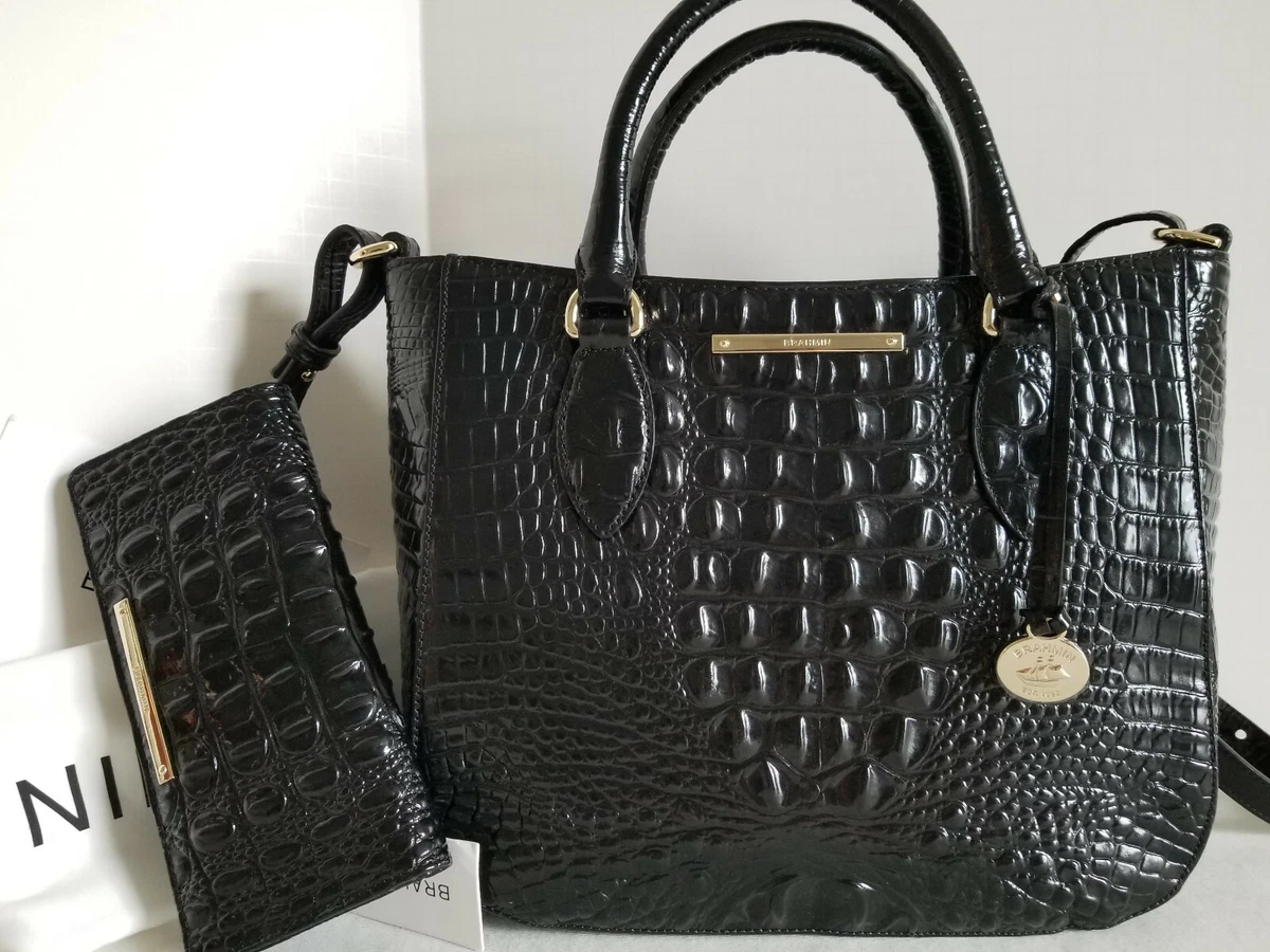 Brahmin Small Lena Satchel Croc Black Leather Carryall Bag Bi