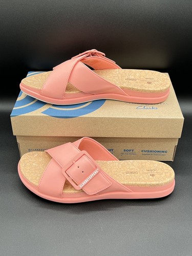 CLOUDSTEPPERS by Clarks Slide Sandals Step June Shell Coral Slip On Size 8.5 NEW