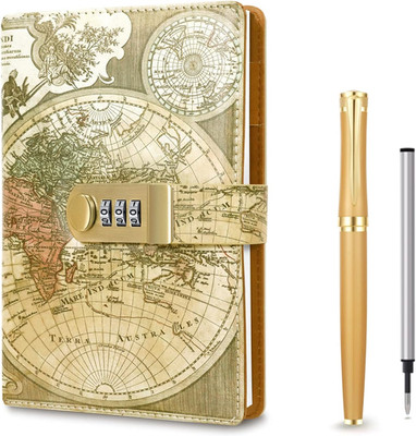 Vintage Old Map Diary with Lock,A5 Locking Journal Pu Leather Refillable Writing
