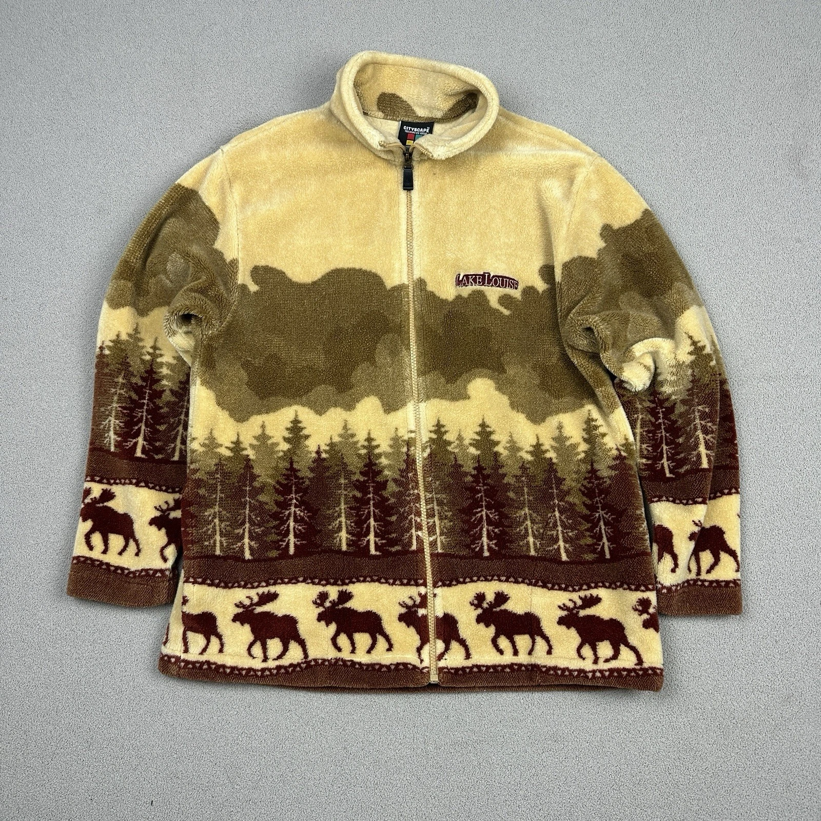 Vtg Cityscape Plush Fleece Jacket Tan Brown Moose Lake Louise Made In Canada M