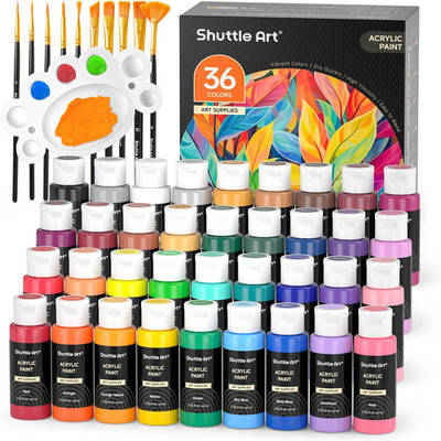 Shuttle Art Acrylfarben Set, 36 Acryl Farben in Flaschen (Je 60Ml) Mit 12 Pinsel