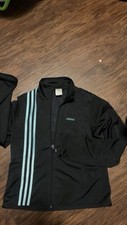 Vintage Adidas Track Jacket Black With Light Blue Stripes Women's Size M
