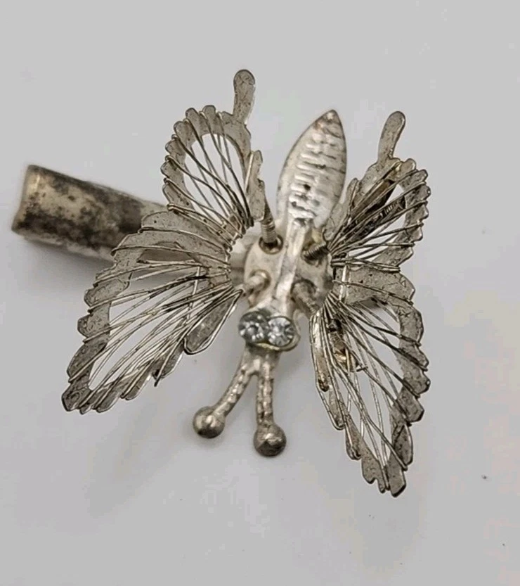 Vintage Trembler Butterfly Moving Wing Silver Tone Glitter Bead Enamel Hair Clip - Image 3 of 4