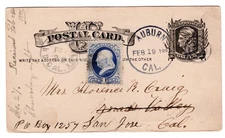 1881 Auburn CA to Grass Valley CA Forwarded to San Jose CA UX5 Postal Card