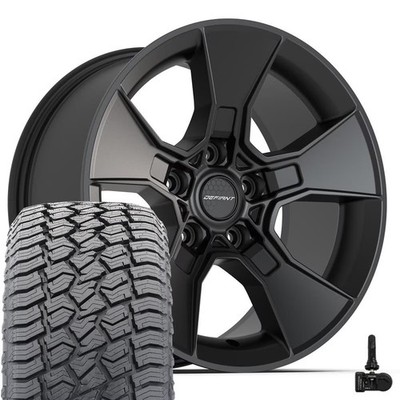 Defiant Wheels DF02 17X8 Black Wheels, 265/70R17 AT2 Tires & TPMS Set 5X127