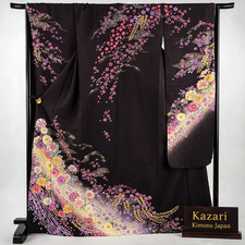 Vintage Japanese Silk Furisode Kimono   Dark Brown Floral  Gold Foil