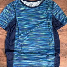 Lands End Boys Rash Guard XL 14-16 Blue Striped Swim Shirt Short Sleeve