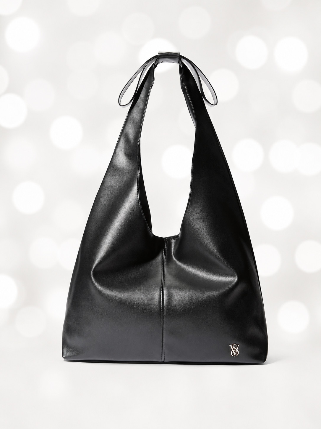 Victoria’s Secret Black Faux Leather Bow Strap Large Slouchy Tote Bag NWT