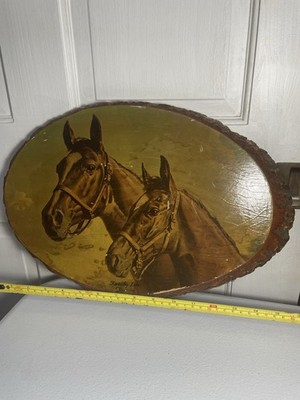 Vintage wood log slice art horses Made in USA
