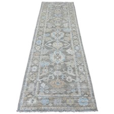 3'x9'8" Gray Hand Knotted Afghan Angora Oushak Leaf Motif Wool Runner Rug R20887