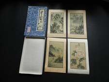 BOXED SET OF FOUR CHINESE SHAN SHUI PAINTINGS ON SILK MOUNTED ON CARD - 20X12 CM