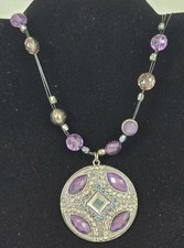 Vtg  NY & Co Necklace Purple Beads Silver Pen...
