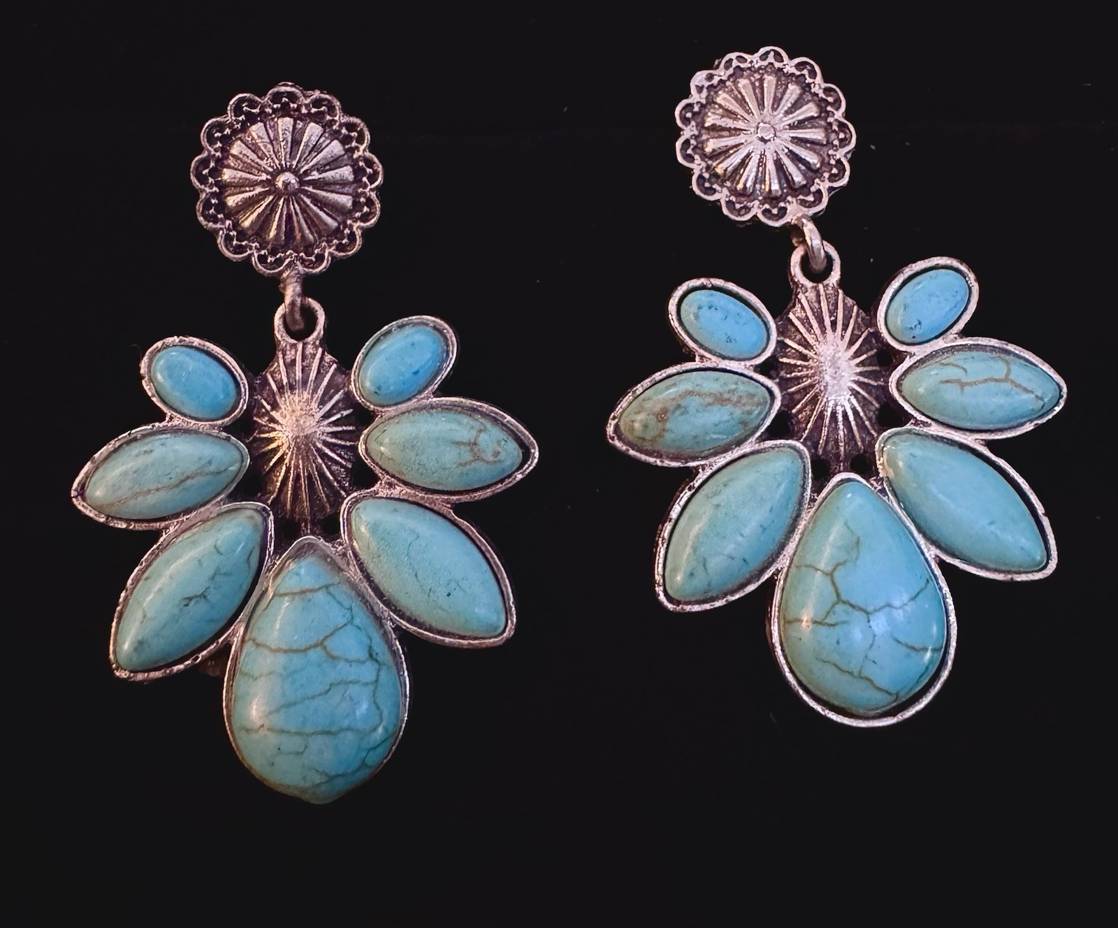 Boho Turquoise Cluster Dangle Earrings Silver Ton… - image 3