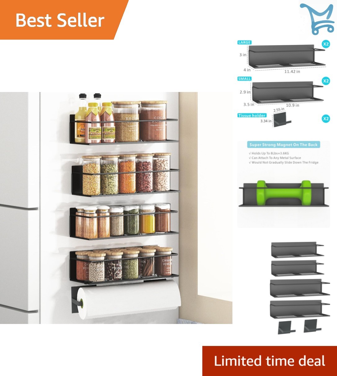 Magnetic Spice Rack Set for Refrigerator Metal Black 4 Pack Kitchen Storage