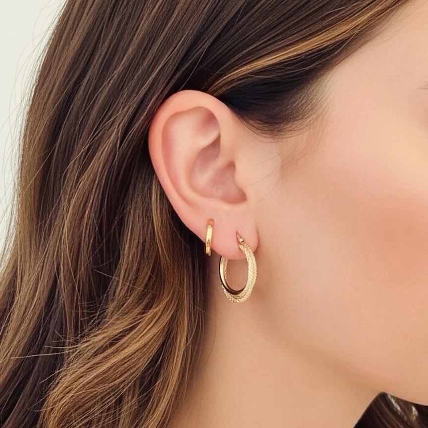 18K Solid Gold Hoop Earrings Huggies Hoops, Minimalist Everyday Gold Jewelry - Image 2 of 4