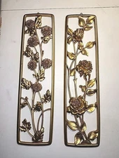 Vintage 1950s Mid Century Syroco Gold Floral Seasons Wall Hangings Set of 2