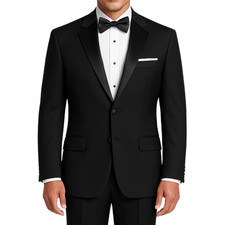 LUCCI Men's Black Classic Fit Tuxedo Wedding Suit w/ Sateen Lapel Trim - NEW