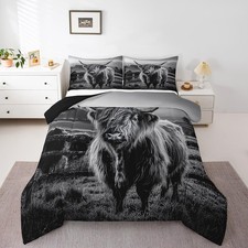 Highland Cow Bedding Set Queen Size Grey Bull Cattle Comforter Set Funny Farm...