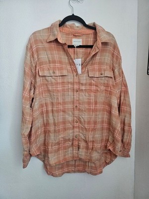 New American Eagle Outfitters SOFT Peach Cream Plaid Button-Down Shirt western