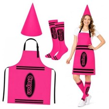 3 Pcs Crayon Costume Include Apron Cone Hat Socks for Men Women Hot Pink