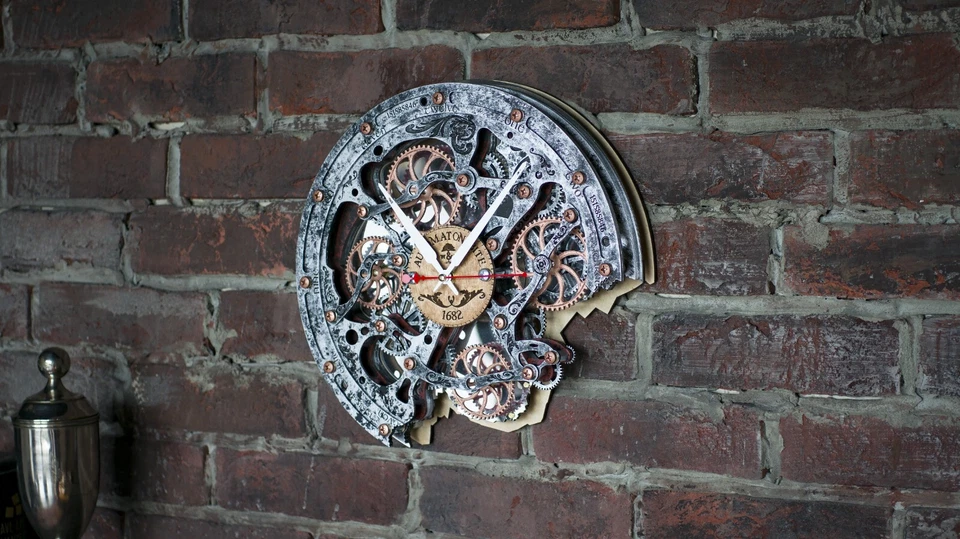 Reloj de pared Automaton Bite engranajes móviles grandes 1682 chaqueta de metal arte loft steampunk Foto 4 de 4