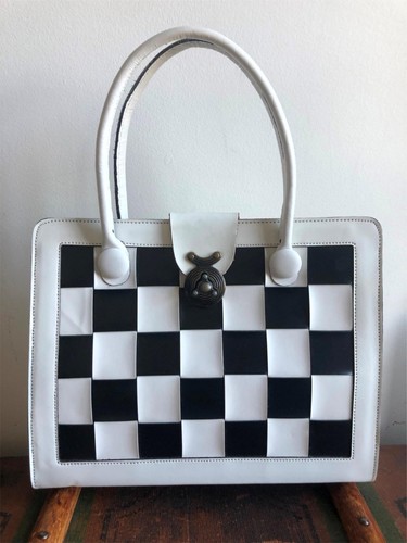 VTG 60s MOD GEOMETRIC BOX PURSE CASE WHITE BLACK CHECKERBOARD 12x9.5" EUC CLEAN - Picture 10 of 12