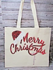 MERRY CHRISTMAS Sequined Cotton Tote Bag