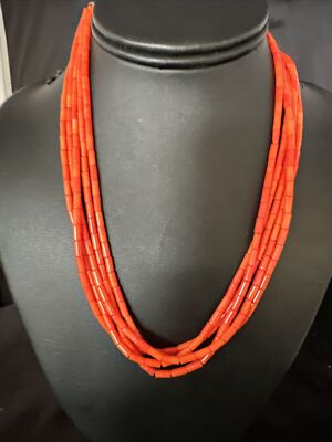 Orange Coral Tube Heishi Bead 5S Navajo Sterling Silver Necklace 18'' 15280