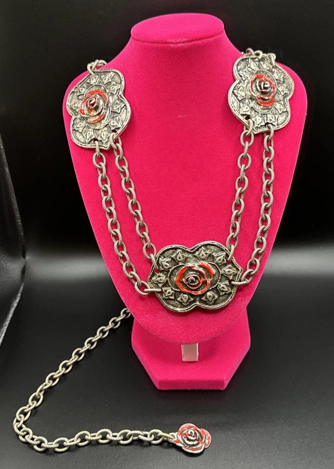 Cinturón de cadena concho de metal THE LIMITED esmalte rojo rosa Italia de colección vaquera occidental Foto 3 de 4