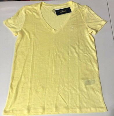  POLO Ralph Lauren Women s Yellow Size M 100% LINEN V-neck T-shirt Pony