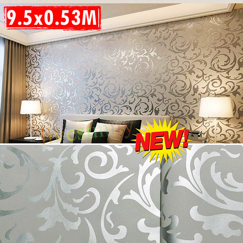 Luxury 3D Victorian Damask Embossed Wallpaper Silver Grey Living Room