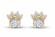 Paw Print Stud Earrings Simulated Heart Diamond 14K Yellow Gold Plated Sterling
