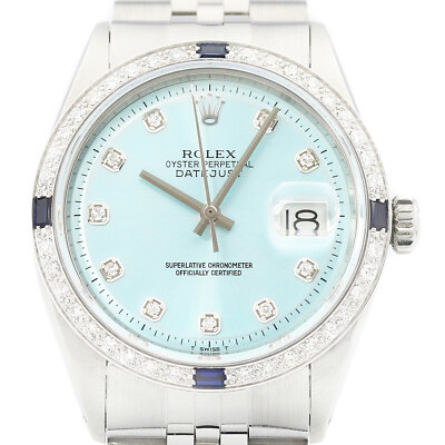 Rolex Datejust 18K Weißgold & SS Eisblau Diamant Saphir Jubiläum Uhr 1601