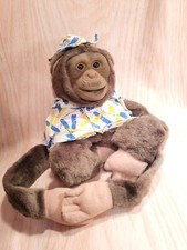 Vintage Monkey Hand Puppet Chimpanzee Stuffed Plush Toy Shirt Squeaks Brown