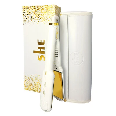 SHE WIDE ICE WHITE GOLD TITANIUM HAIR STRAIGHTENER &HEAT RESISTANT ROLL BAG 2025