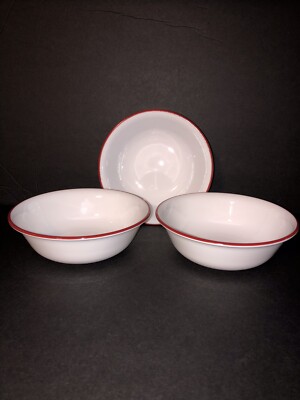 3 Corelle BANDHANI, SPLENDOR, White With Red Band  Soup / Cereal Bowls  6.25 