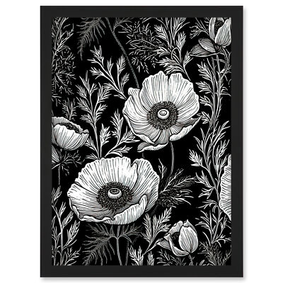 Poppy Wild Flower Pattern Black and White Linocut Framed Art Picture Print A4