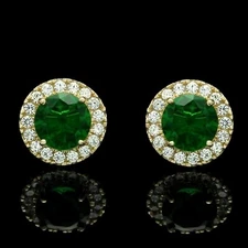 3CT Green Emerald Halo Diamond Stud Earrings 14K Yellow Gold Plated Simulated