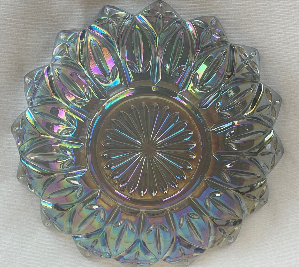 Vintage Federal Glass Plate & Bowl in Iridescent Smoke Carnival Glass
