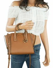 Michael Kors Avril Small Top Zip Satchel Shoulder Crossbody Leather Bag Brown