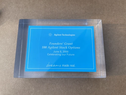 AGILENT TECHNOLOGIES FOUNDER'S GRANT STOCK OPTION PLAQUE PAPER WEIGHT 6/5/2000