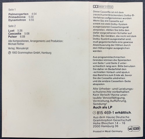 Michael Rother LUST Cassette 815 469-4 **WEST GERMAN 1ST ISSUE 1983** NEAR MINT - Picture 9 of 9