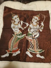 Vintage Silk Thai Temple Rubbing style art painted Textile Asian Art Thailand