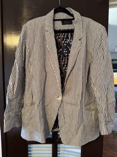 FOIL Linen Grey Blue Stripe Jacket Blazer Size