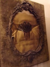 Antico pettine in tartaruga con cornice bacheca antica velluto verde e stucco