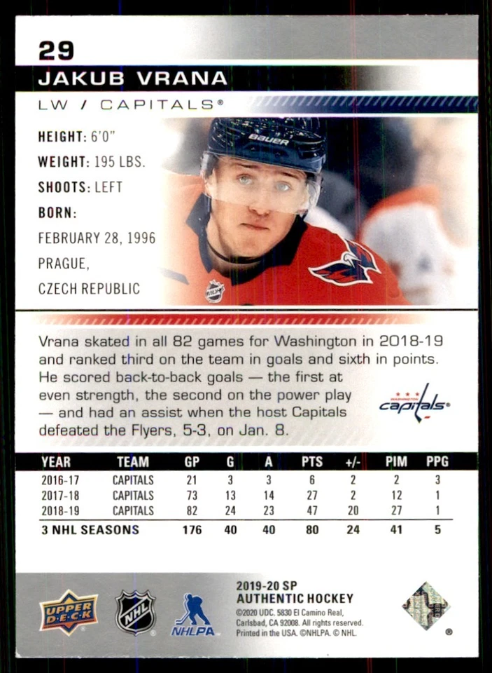 2019-20 SP Authentic Jakub Vrana #29 - Image 2 of 2