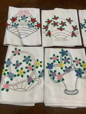 Set of 7 embroidered tea towels vintage flower basket vintage