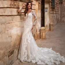 Romantic Lace Mermaid Wedding Dress Customized Illusion Bridal Gown Long Sleeves
