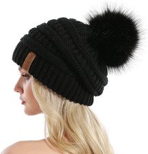 Women Knit Slouchy Beanie Chunky Baggy Hat with Faux Fur Pompom Winter Soft W...
